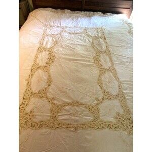 Vintage Battenberg Lace and Floral Embroidered Cotton Tablecloth Cream Shabby